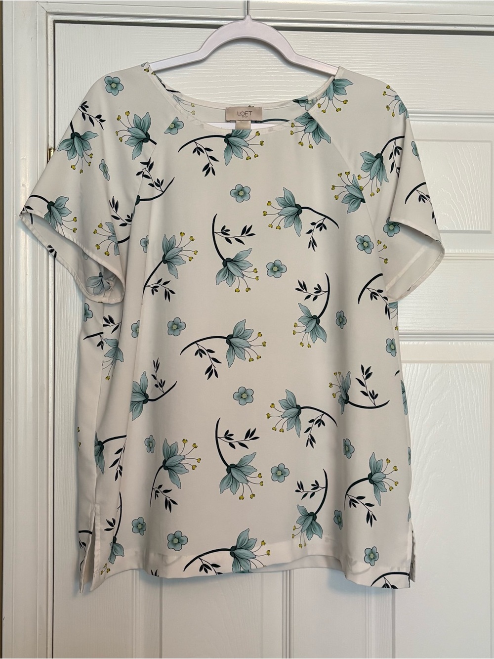 LOFT Cream Floral Short-Sleeve Blouse with Teal Accents